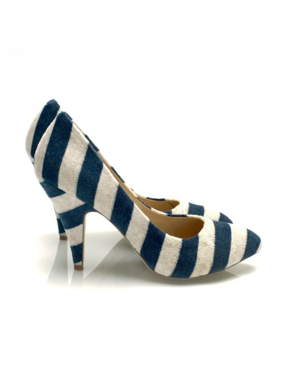 NYC Designer HANDMADE Striped Terry Velvet & Genuine Leather Heeled Pumps NEW - Picture 3 of 9
